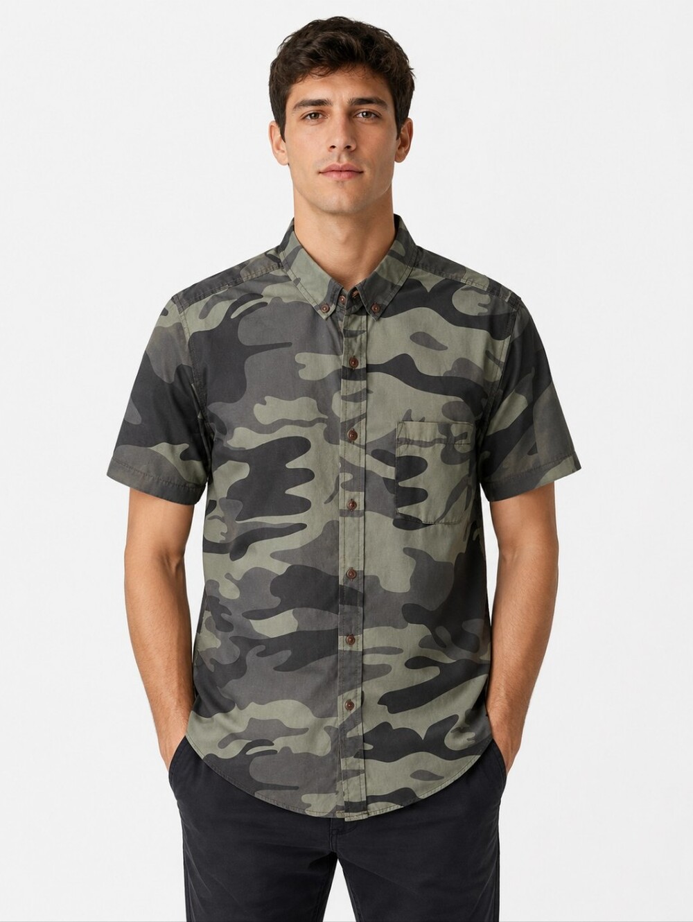 True Craft Men’s Short Sleeve Camo Button-Down Casual Shirt Medium